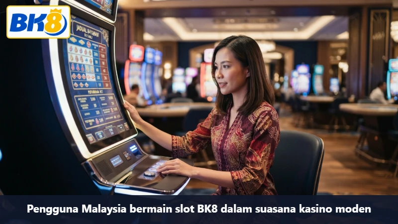 Pengguna Malaysia bermain slot BK8 dalam suasana kasino moden